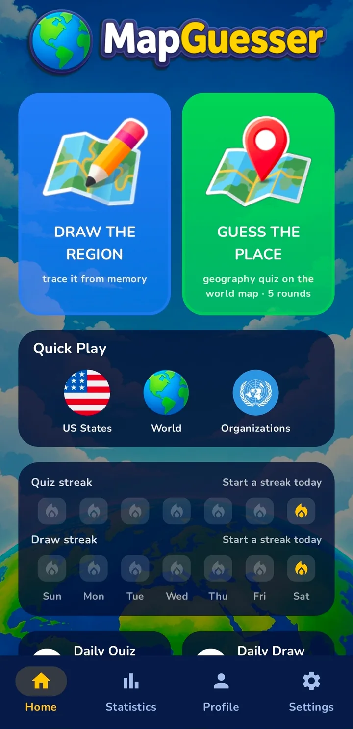 MapGuesser for Android: home screen with Guess the Place and Draw the Region