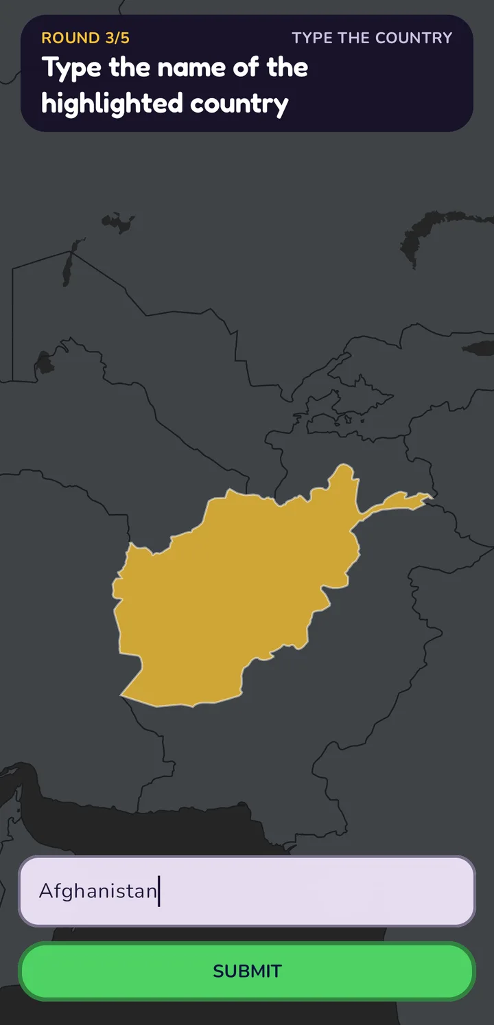 MapGuesser gameplay on Android: type the country